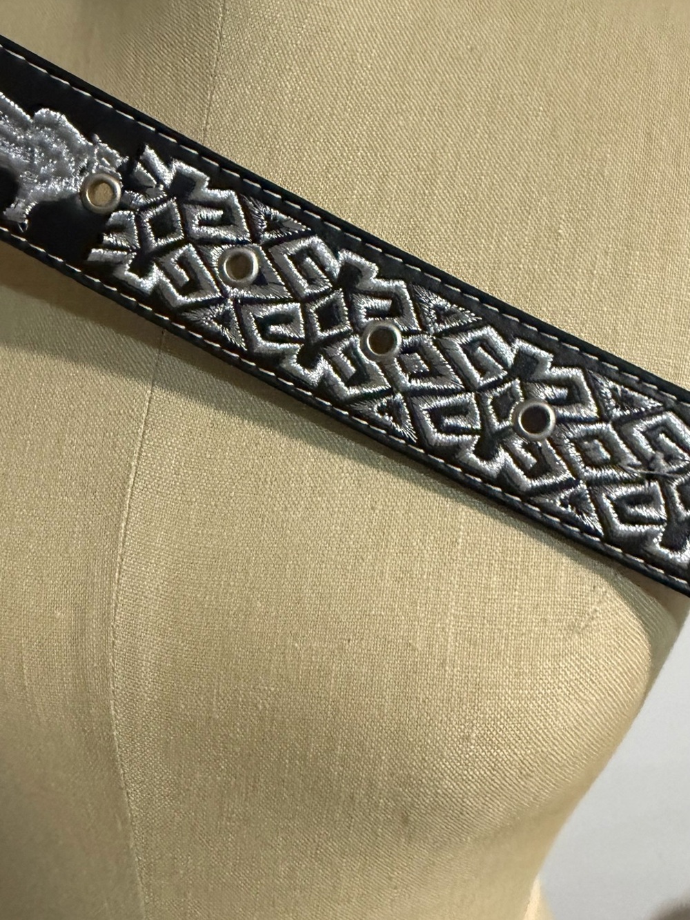 Black Embroidered Men's Belt with Silver Stitch Accents
